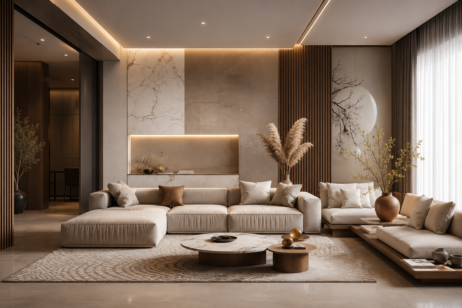 Modern luxury interior fit-out featuring custom joinery, marble wall finishes, ambient lighting, and contemporary furniture in a premium residential lounge.