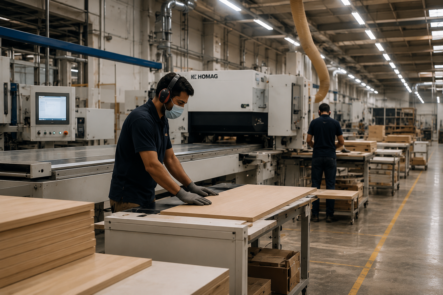 Furniture manufacturing workshop with CNC machines and technicians producing custom wood panels.