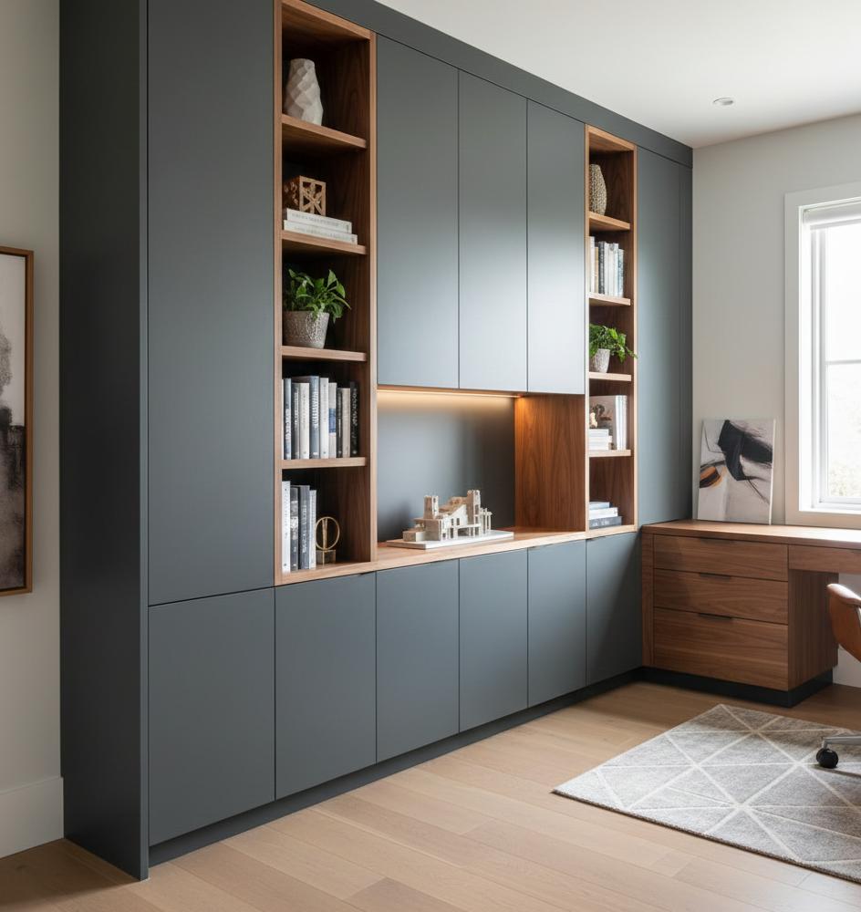 Custom built-in cabinetry by SAMA TEAM featuring modern grey storage units, open wooden shelving, integrated lighting, and bespoke joinery for a contemporary workspace.