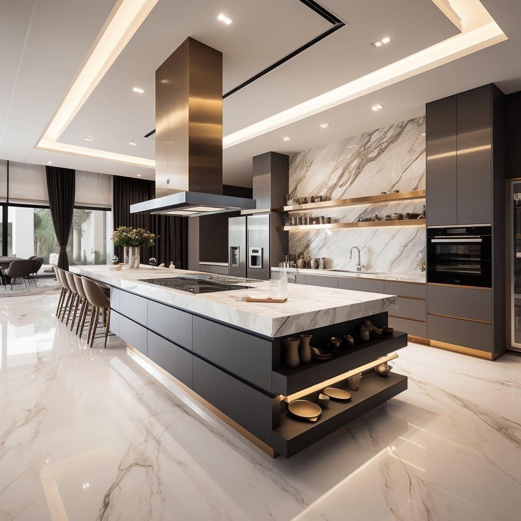 Luxury kitchen fit-out by SAMA TEAM featuring custom cabinetry, a marble island, integrated appliances, premium lighting, and contemporary architectural finishes.