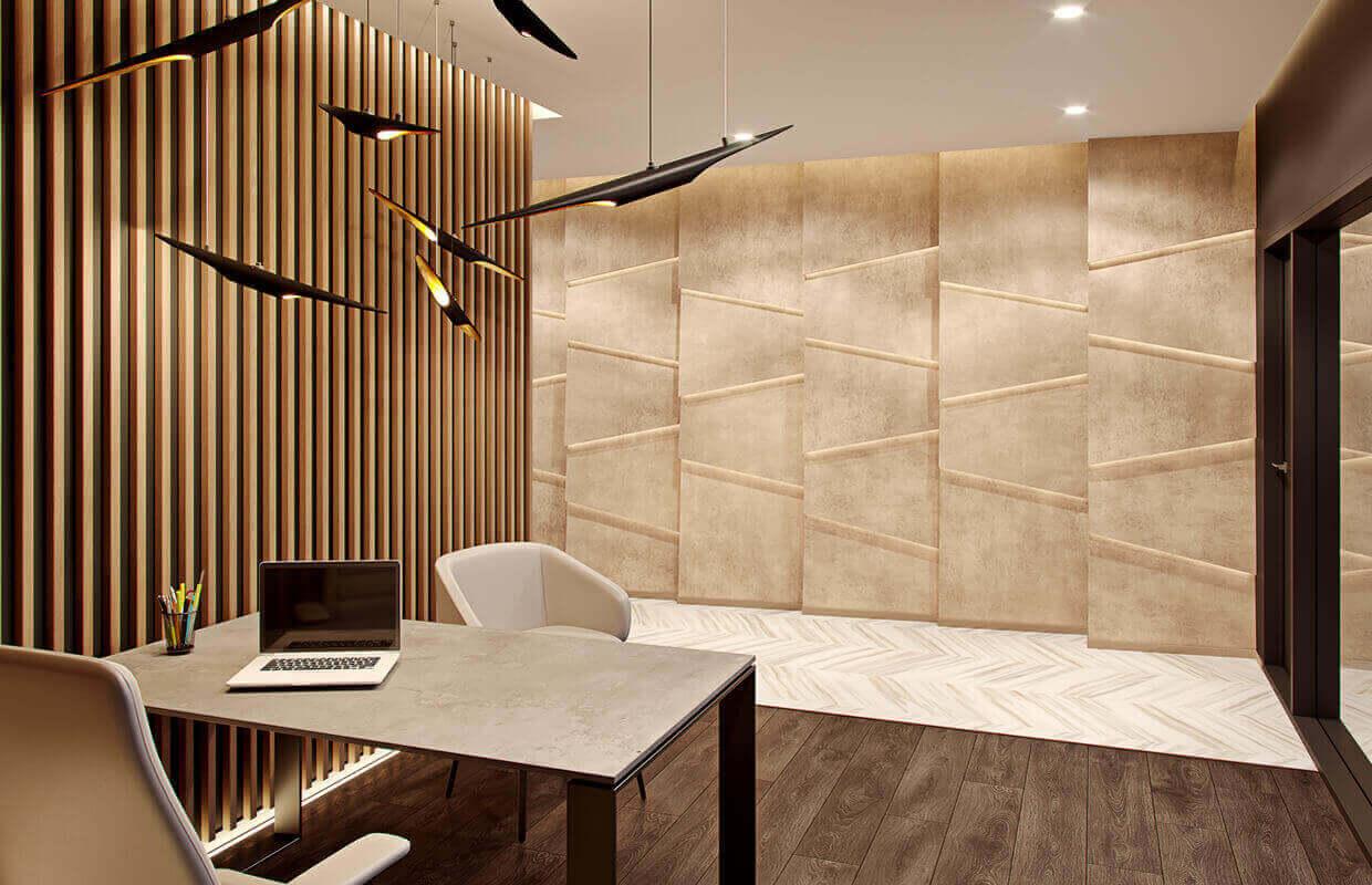 Premium wall cladding by SAMA TEAM featuring decorative textured panels, vertical wood slats, integrated lighting, and modern architectural finishes for commercial interiors.